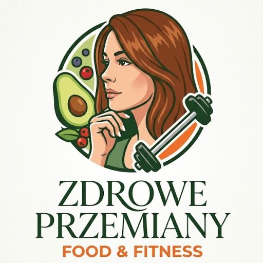 Logo Zdrowawe Przemiany Food & Fitness z kobietą, awokado i hantlami.